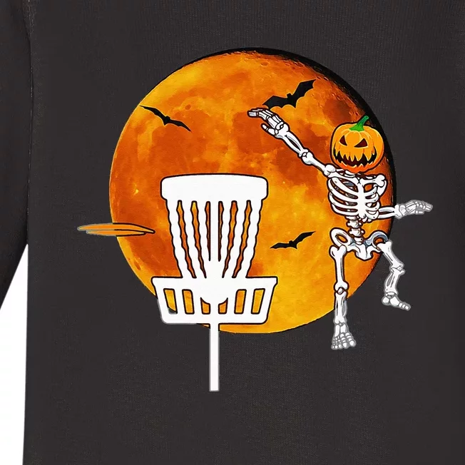 Disc Golf Player Lover Funny Halloween Pumpkin Skeleton Baby Long Sleeve Bodysuit