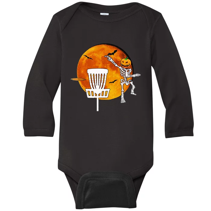 Disc Golf Player Lover Funny Halloween Pumpkin Skeleton Baby Long Sleeve Bodysuit