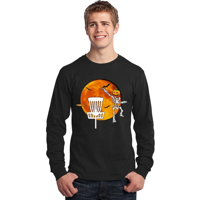 Disc Golf Player Lover Funny Halloween Pumpkin Skeleton Tall Long Sleeve T-Shirt