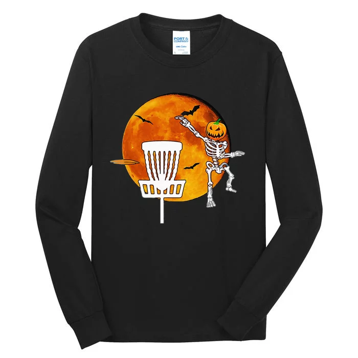 Disc Golf Player Lover Funny Halloween Pumpkin Skeleton Tall Long Sleeve T-Shirt