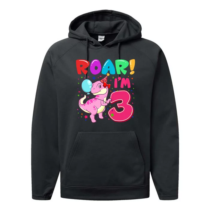 Dinosaur Girl Roar Im 3 Year Old 3rd Birthday Party Performance Fleece Hoodie