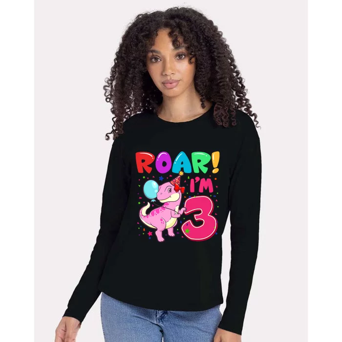 Dinosaur Girl Roar Im 3 Year Old 3rd Birthday Party Womens Cotton Relaxed Long Sleeve T-Shirt