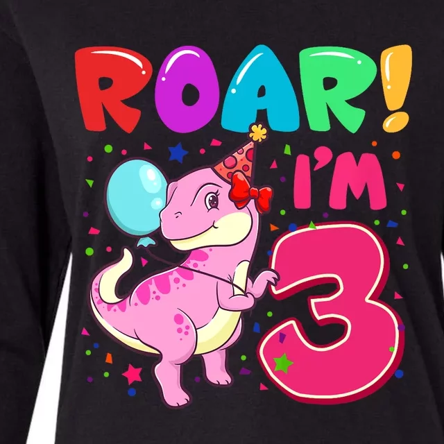 Dinosaur Girl Roar Im 3 Year Old 3rd Birthday Party Womens Cotton Relaxed Long Sleeve T-Shirt