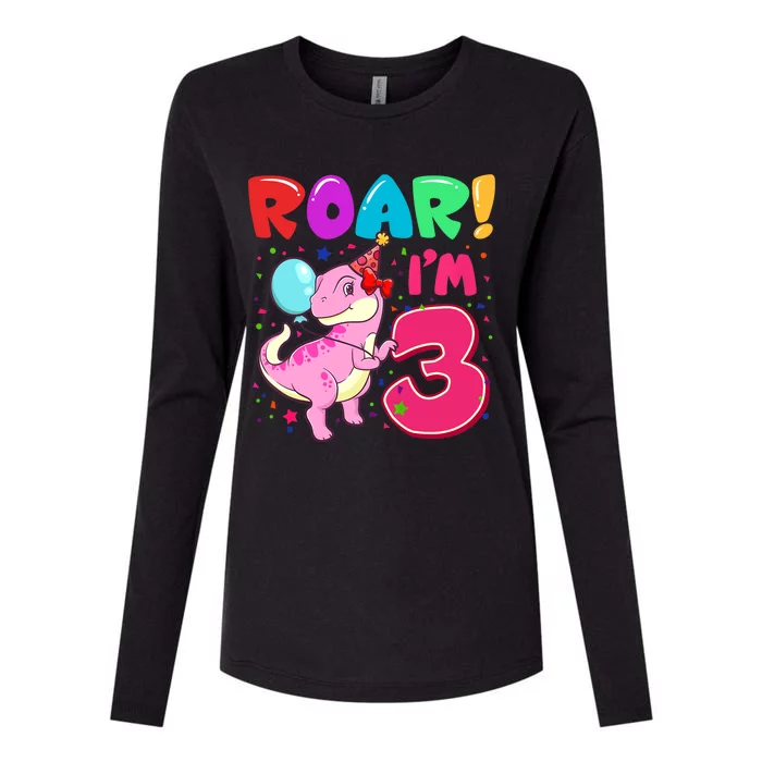 Dinosaur Girl Roar Im 3 Year Old 3rd Birthday Party Womens Cotton Relaxed Long Sleeve T-Shirt