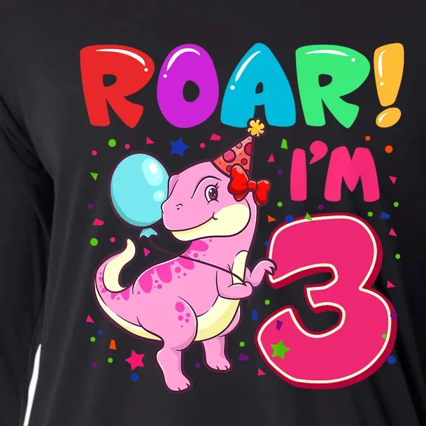 Dinosaur Girl Roar Im 3 Year Old 3rd Birthday Party Cooling Performance Long Sleeve Crew