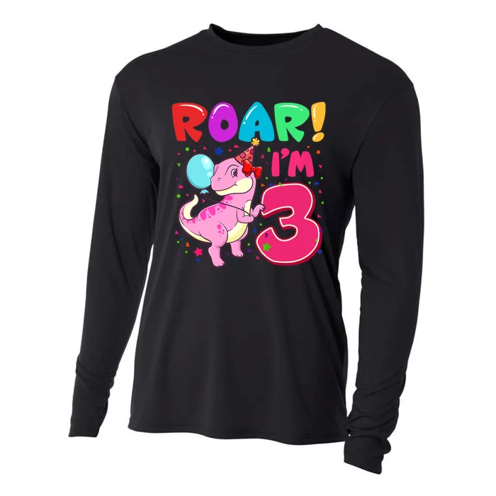 Dinosaur Girl Roar Im 3 Year Old 3rd Birthday Party Cooling Performance Long Sleeve Crew