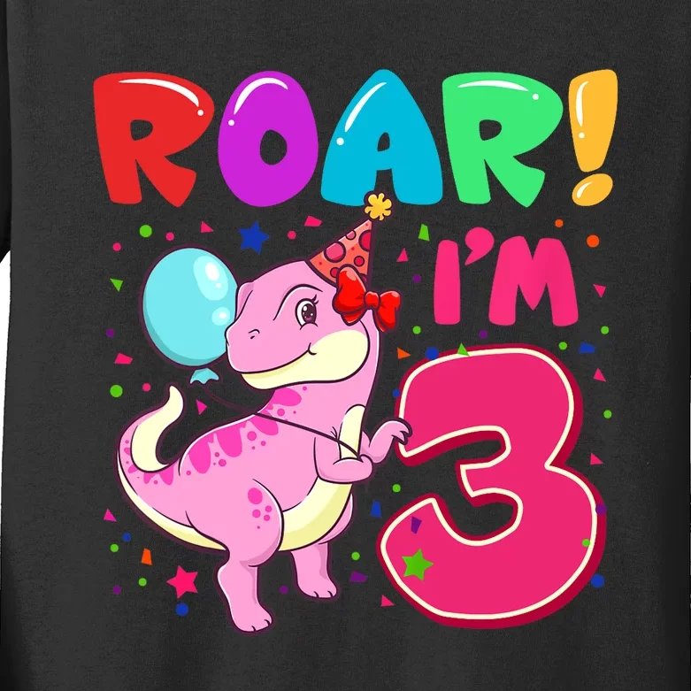 Dinosaur Girl Roar Im 3 Year Old 3rd Birthday Party Kids Long Sleeve Shirt