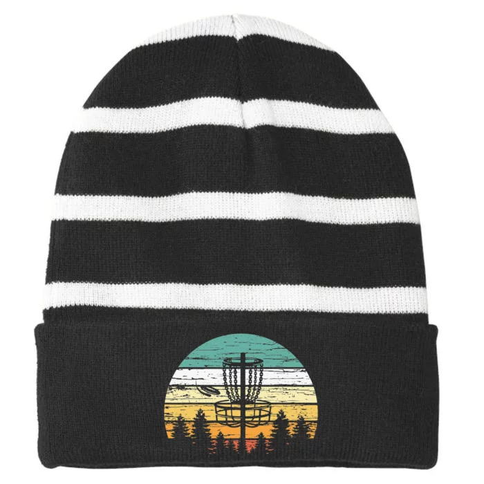 Disc Golf Retro Sunset Frisbee Golf Player Striped Beanie with Solid Band