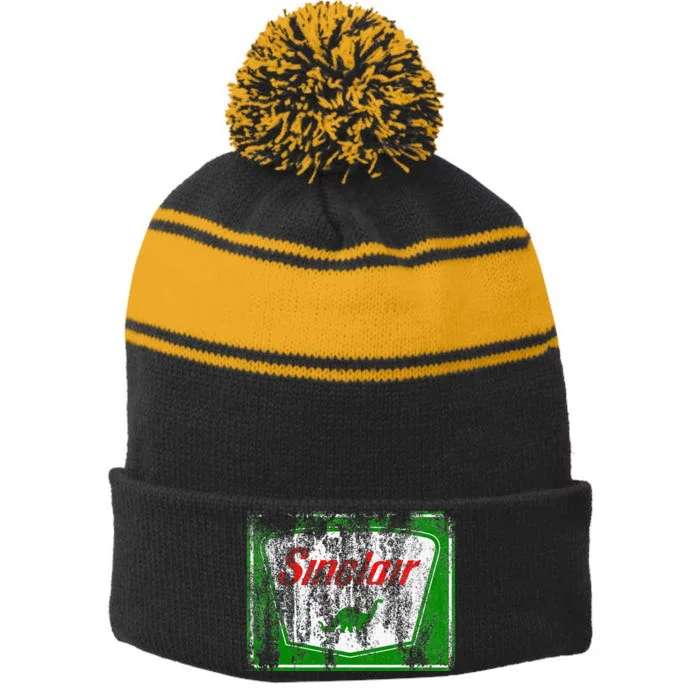 Dinosaur Gas Station Vintage Retro Stripe Pom Pom Beanie