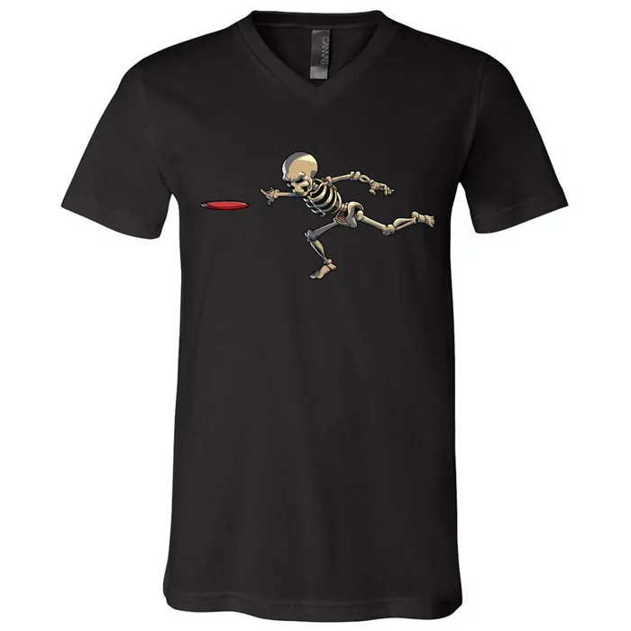 Disc Golfing Skeleton Halloween Disc Golf Halloween V-Neck T-Shirt