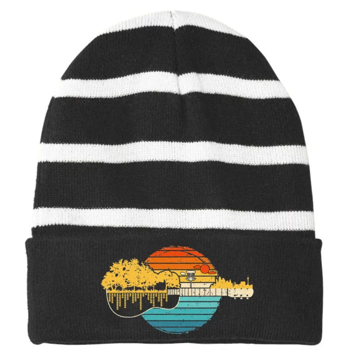 Disc Golf Sunset Retro Guitar - Gifts For Disc Golf Players Striped Beanie with Solid Band