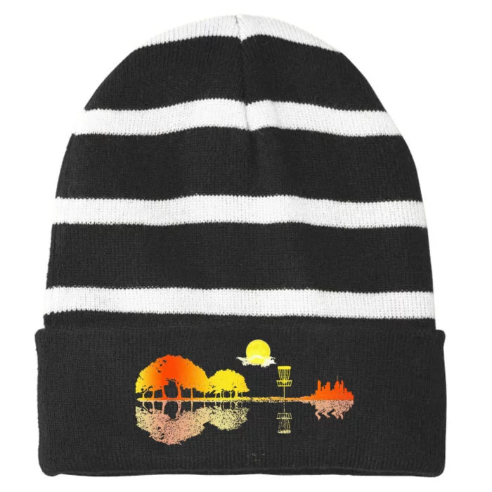 Disc Golf Sunset Guitar Guitarist Player Golfing Golfer Gift Striped Beanie with Solid Band