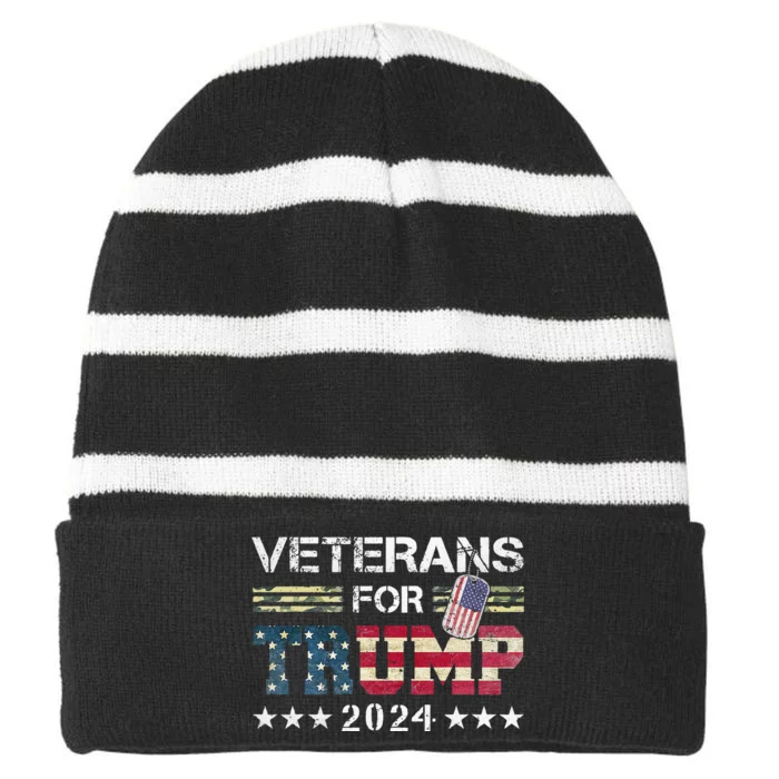 Dad Grandpa Veterans For Trump 2024 American Flag Camo Striped Beanie with Solid Band