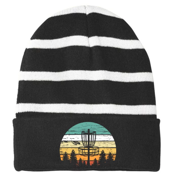 Disc Golf Vintage Sunset Striped Beanie with Solid Band