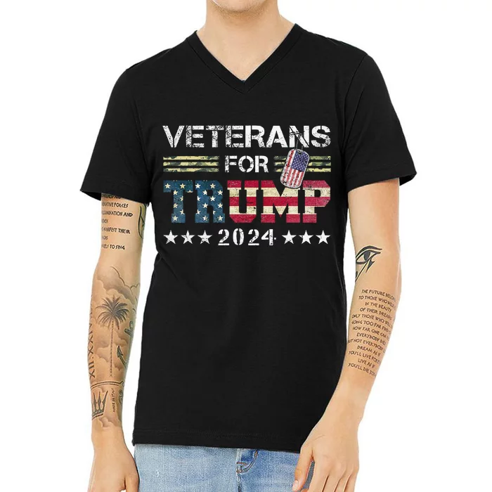 Dad Grandpa Veterans For Trump 2024 American Flag Camo V-Neck T-Shirt