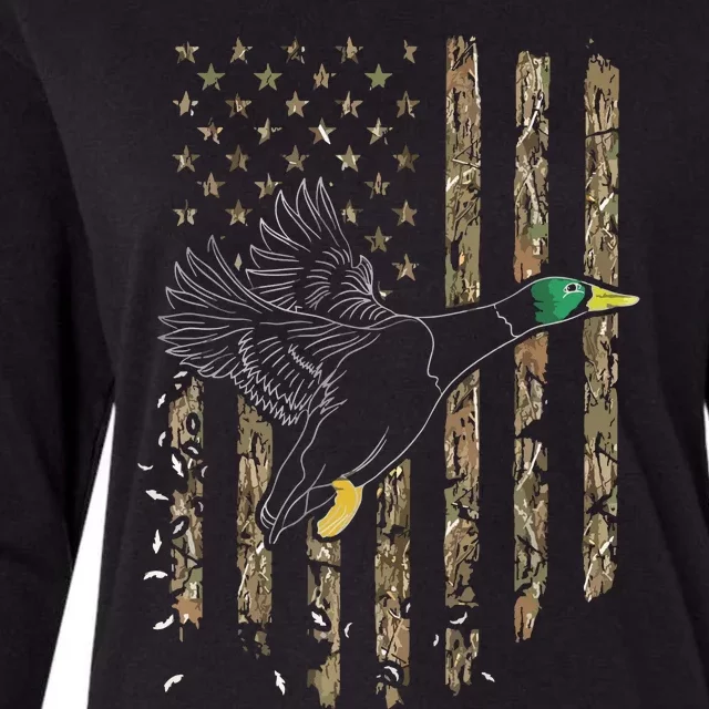 Duck Hunter American Flag Waterfowl Hunting Camouflage Womens Cotton Relaxed Long Sleeve T-Shirt