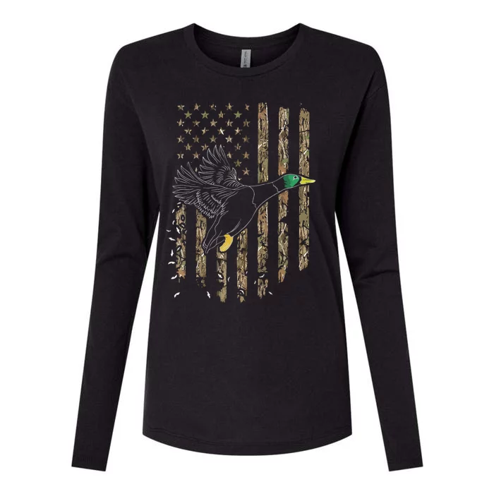 Duck Hunter American Flag Waterfowl Hunting Camouflage Womens Cotton Relaxed Long Sleeve T-Shirt