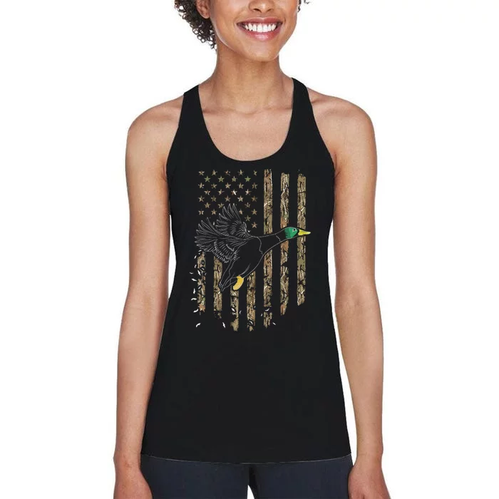 Duck Hunter American Flag Waterfowl Hunting Camouflage Women's Racerback Tank