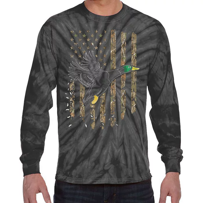 Duck Hunter American Flag Waterfowl Hunting Camouflage Tie-Dye Long Sleeve Shirt