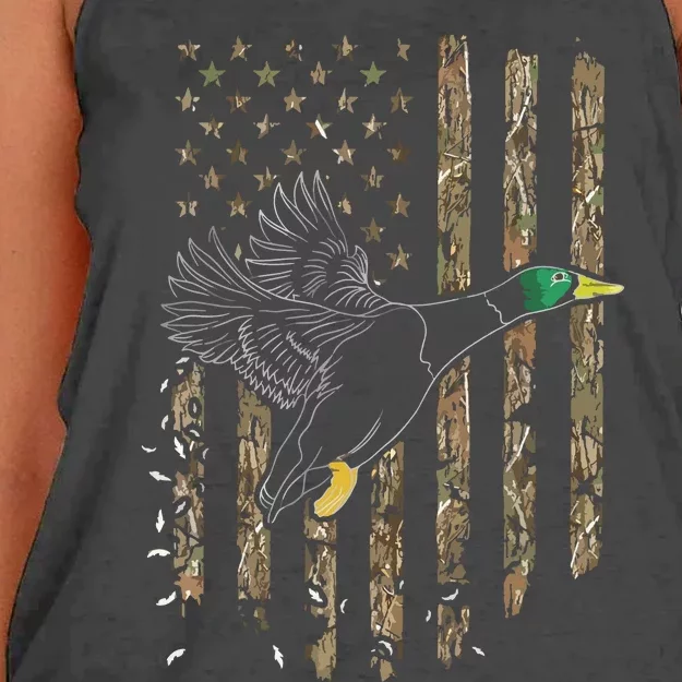 Duck Hunter American Flag Waterfowl Hunting Camouflage Women's Knotted Racerback Tank