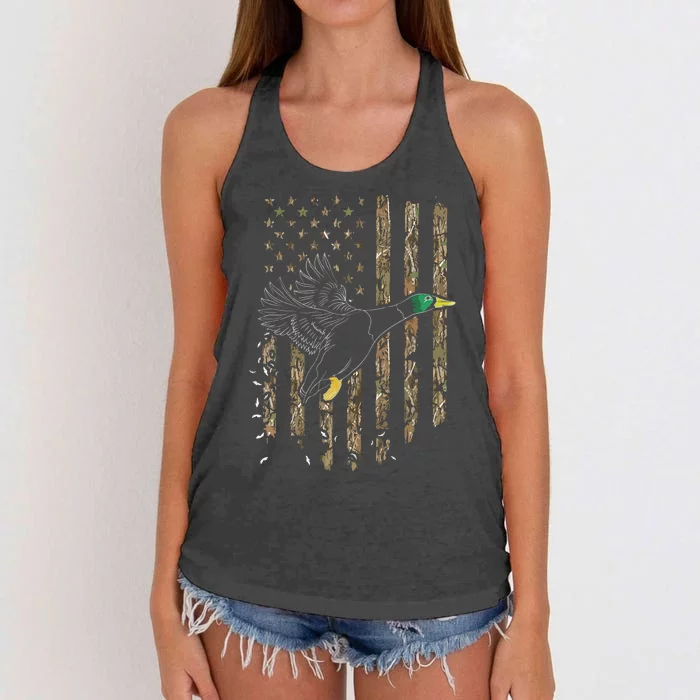 Duck Hunter American Flag Waterfowl Hunting Camouflage Women's Knotted Racerback Tank