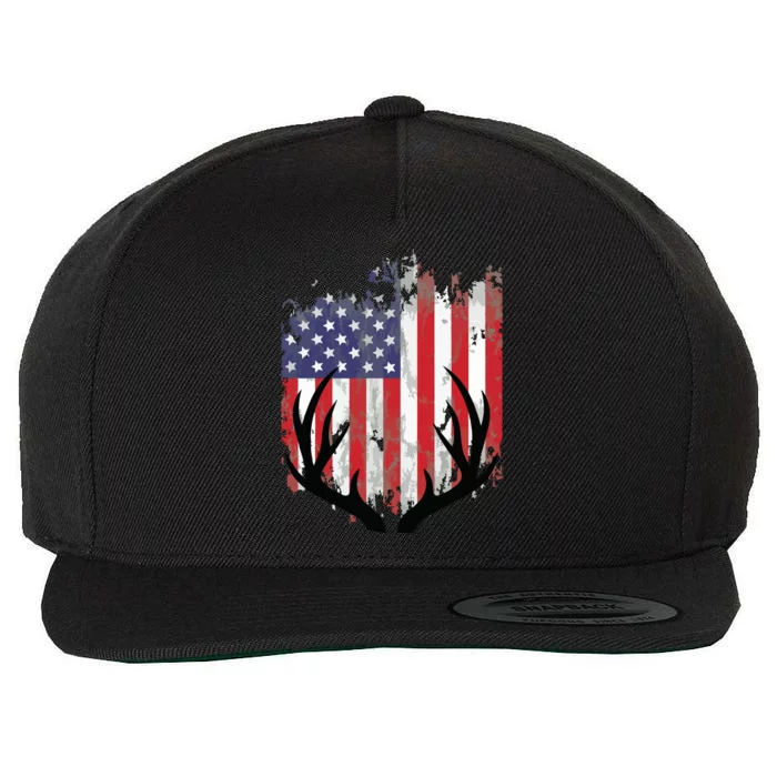 Deer Hunting American Flag Whitetail Buck Antlers Wool Snapback Cap