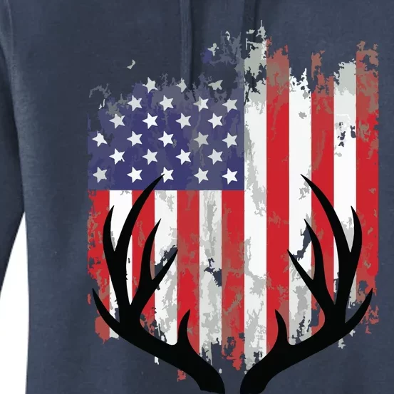 Deer Hunting American Flag Whitetail Buck Antlers Women's Pullover Hoodie