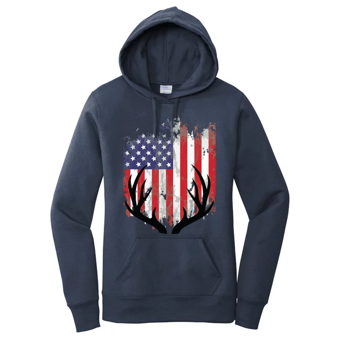 Deer Hunting American Flag Whitetail Buck Antlers Women's Pullover Hoodie