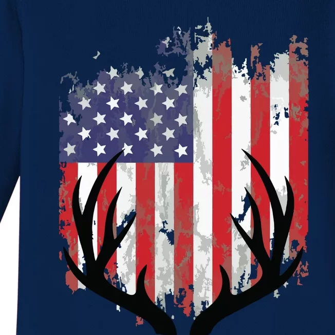 Deer Hunting American Flag Whitetail Buck Antlers Baby Long Sleeve Bodysuit