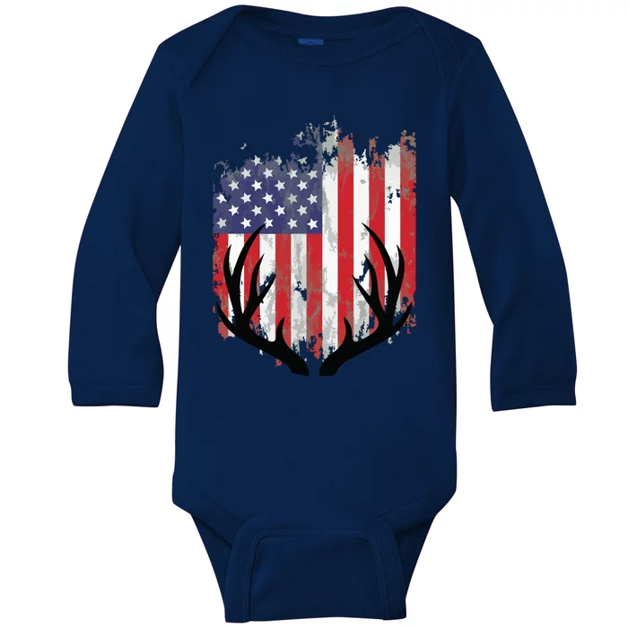 Deer Hunting American Flag Whitetail Buck Antlers Baby Long Sleeve Bodysuit