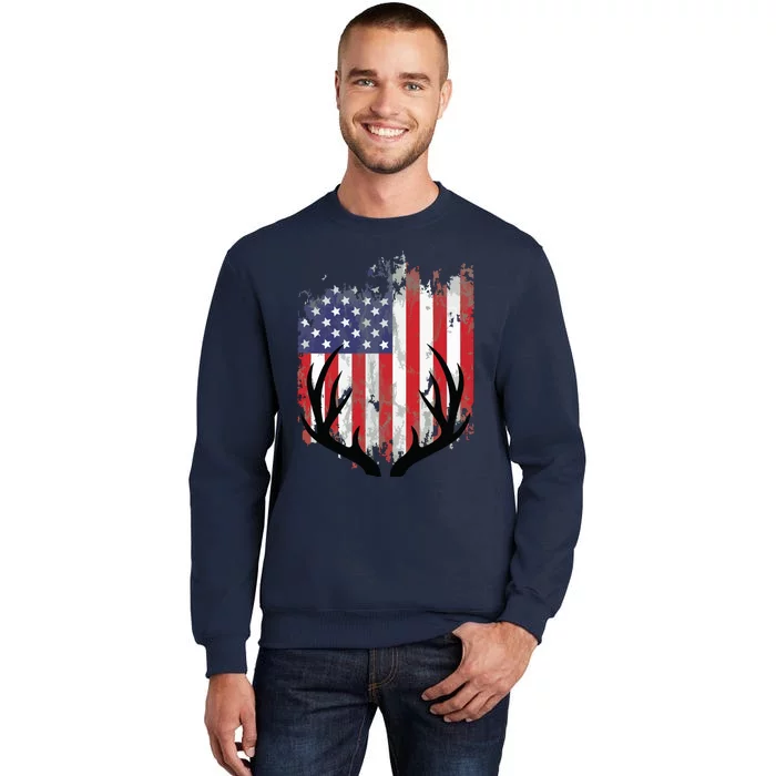 Deer Hunting American Flag Whitetail Buck Antlers Tall Sweatshirt