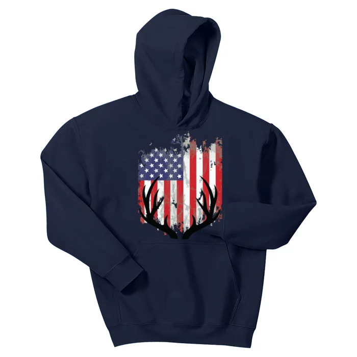 Deer Hunting American Flag Whitetail Buck Antlers Kids Hoodie