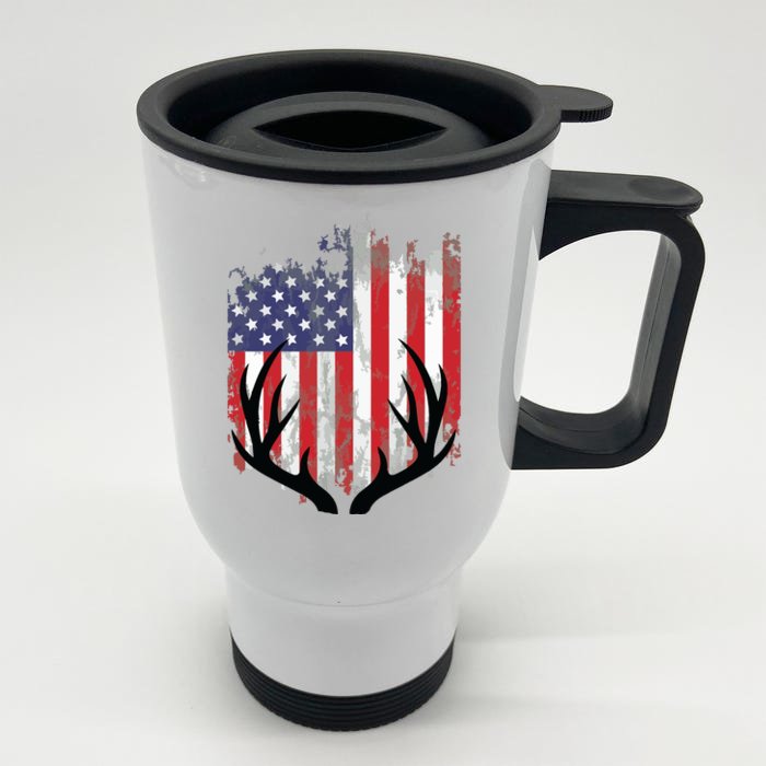 Deer Hunting American Flag Whitetail Buck Antlers Front & Back Stainless Steel Travel Mug