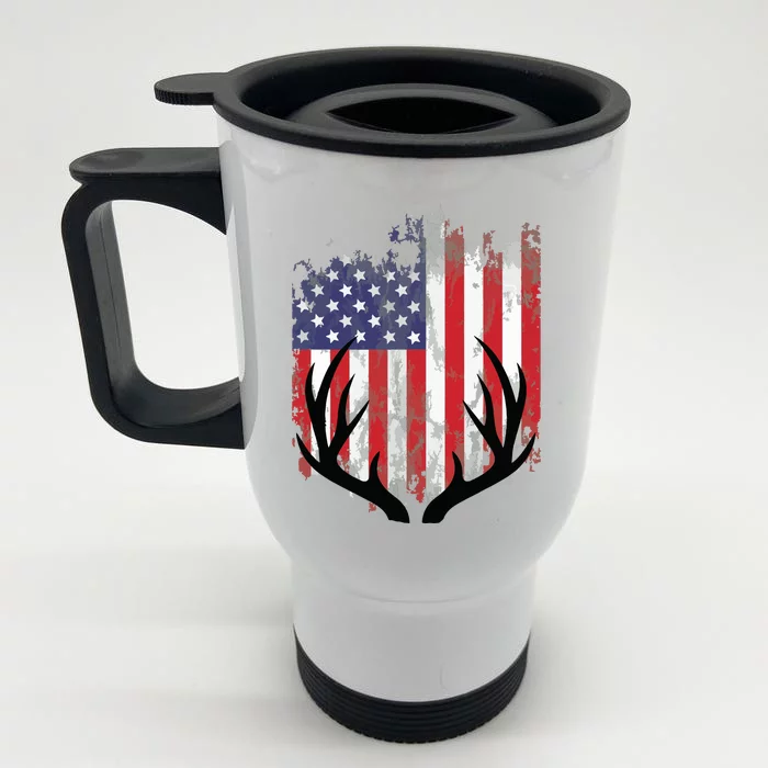 Deer Hunting American Flag Whitetail Buck Antlers Front & Back Stainless Steel Travel Mug