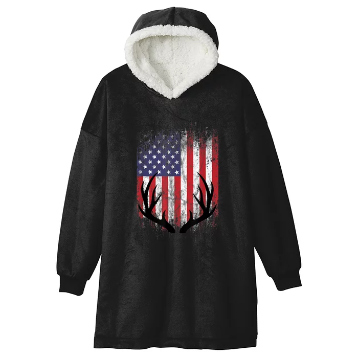 Deer Hunting American Flag Whitetail Buck Antlers Hooded Wearable Blanket