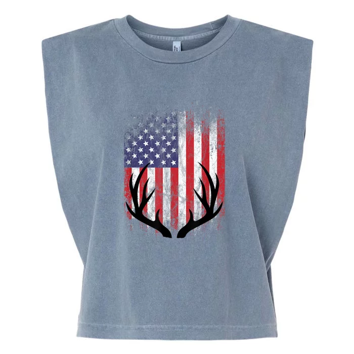 Deer Hunting American Flag Whitetail Buck Antlers Garment-Dyed Women's Muscle Tee