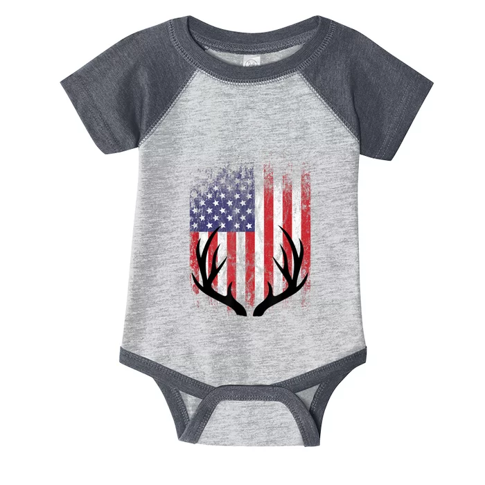 Deer Hunting American Flag Whitetail Buck Antlers Infant Baby Jersey Bodysuit