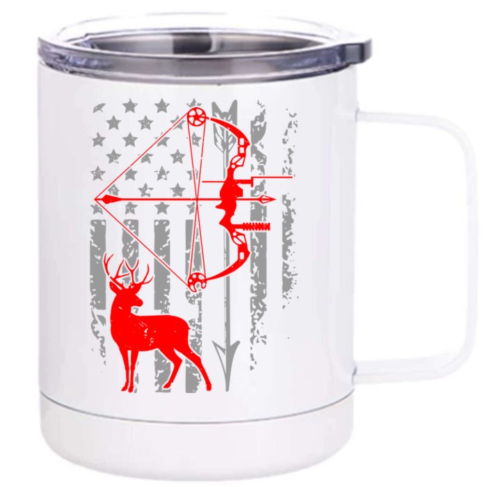 Deer Hunting American Flag Bow Hunting Patriotic Hunters Gift Front & Back 12oz Stainless Steel Tumbler Cup