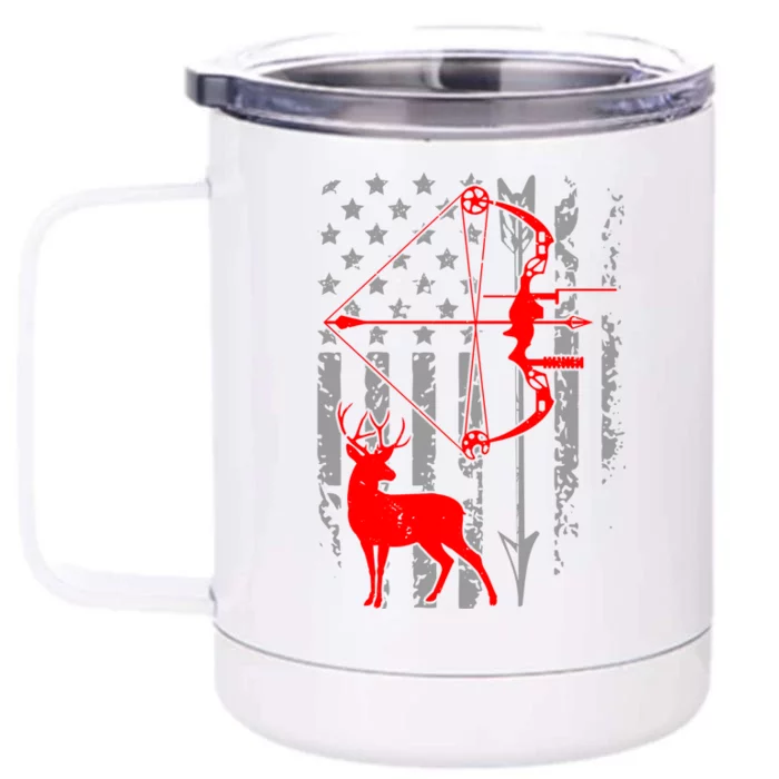 Deer Hunting American Flag Bow Hunting Patriotic Hunters Gift Front & Back 12oz Stainless Steel Tumbler Cup