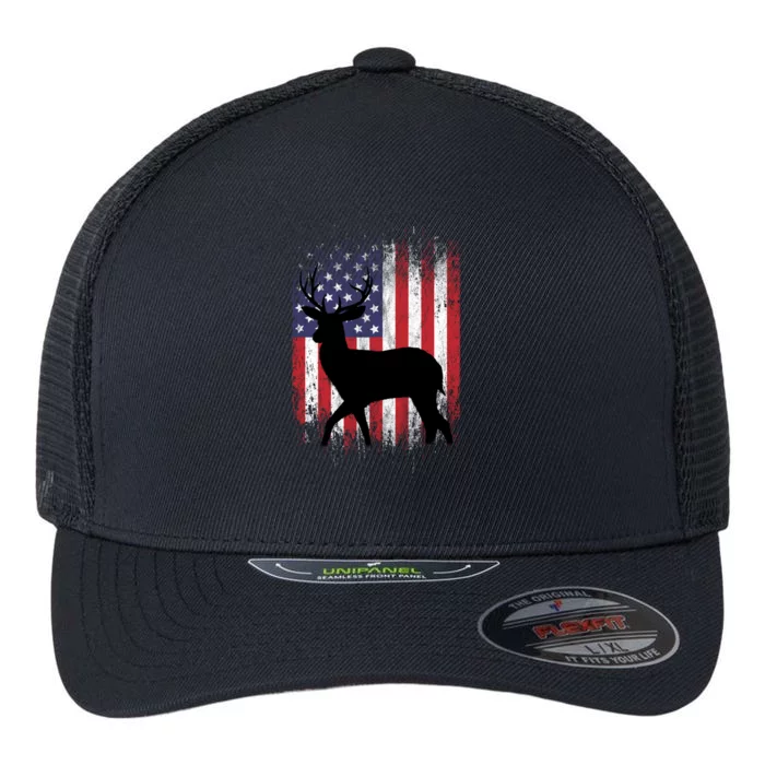 Deer Hunting American Flag Whitetail Buck Gift Flexfit Unipanel Trucker Cap