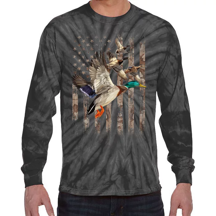 Duck Hunter American Flag Waterfowl Hunting Camouflage Tie-Dye Long Sleeve Shirt