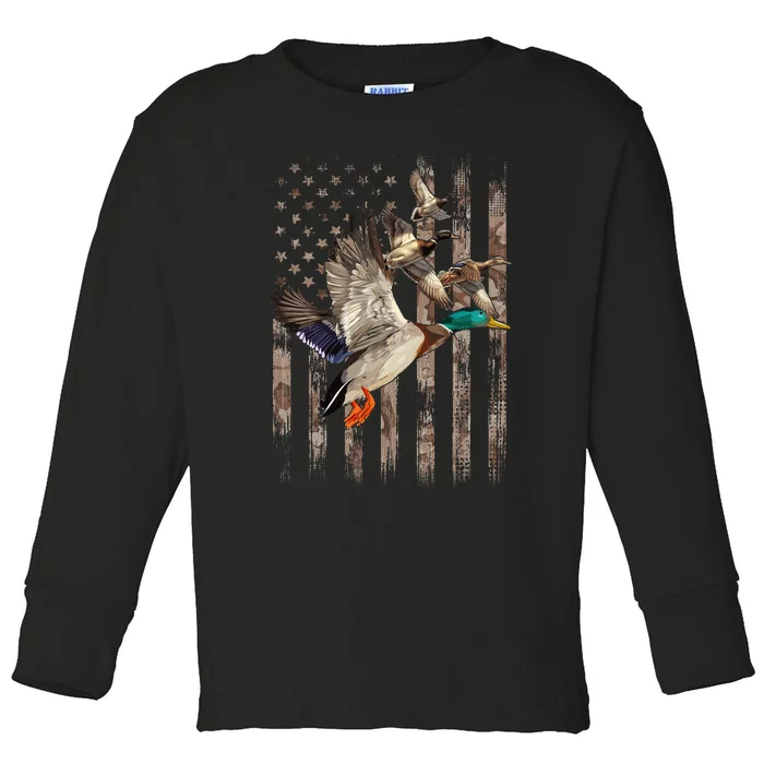 Duck Hunter American Flag Waterfowl Hunting Camouflage Toddler Long Sleeve Shirt