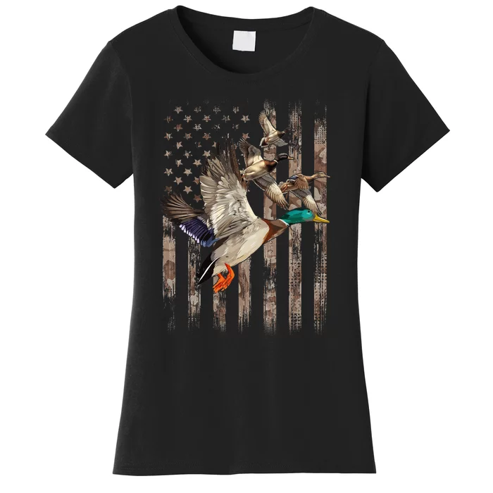 Duck Hunter American Flag Waterfowl Hunting Camouflage Women's T-Shirt