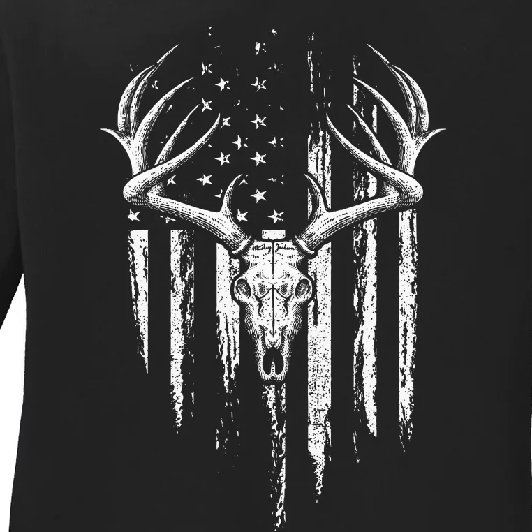 Deer Hunting American Flag Bowhunting Whitetail Bow Hunter Ladies Long Sleeve Shirt