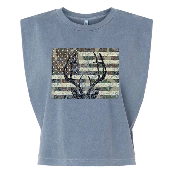 Deer Hunting Camo American Flag Buck Antlers Hunter Country Garment-Dyed Women's Muscle Tee