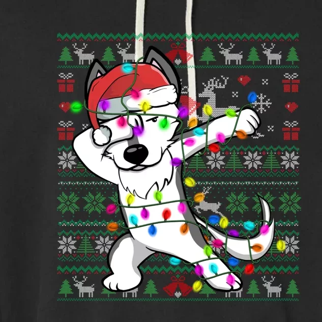 Dabbing Husky Fairy Lights Ugly Christmas Sweater Costume Cute Gift Garment-Dyed Fleece Hoodie