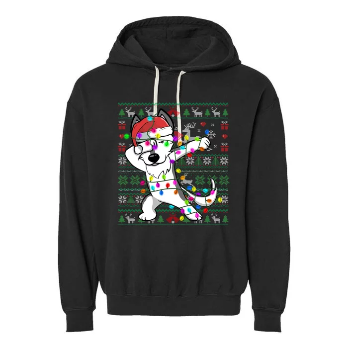 Dabbing Husky Fairy Lights Ugly Christmas Sweater Costume Cute Gift Garment-Dyed Fleece Hoodie