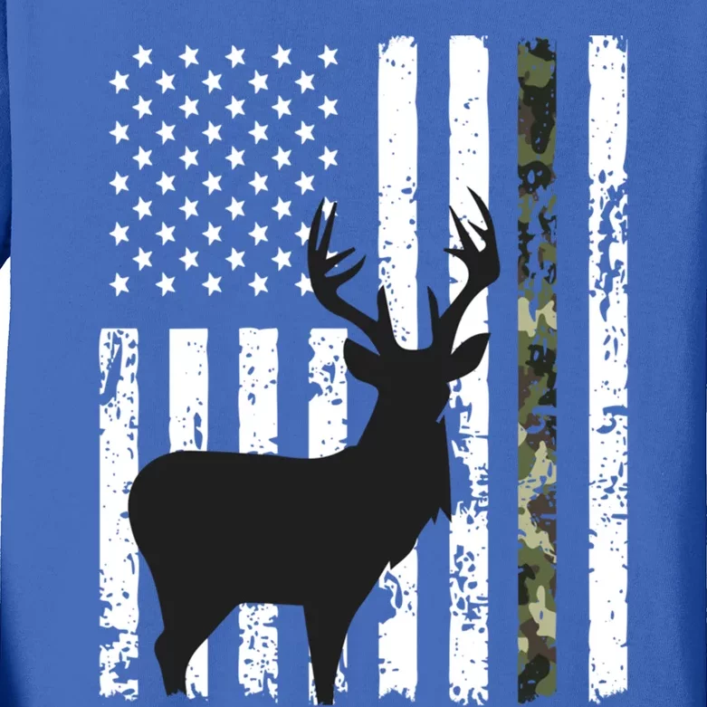 Deer Hunting Gift American Flag Whitetail Buck Camo Funny Gift Kids Long Sleeve Shirt