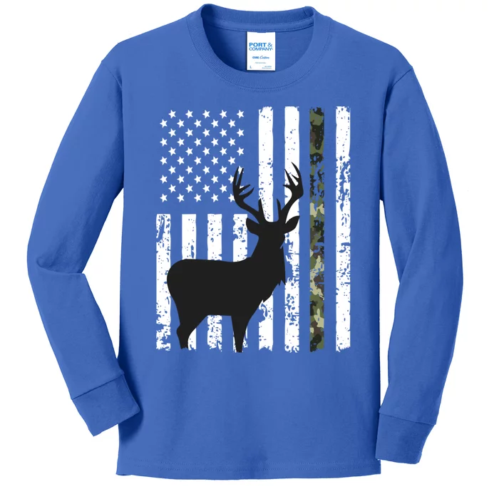 Deer Hunting Gift American Flag Whitetail Buck Camo Funny Gift Kids Long Sleeve Shirt