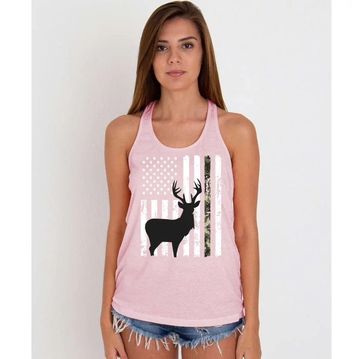 Deer Hunting Gift American Flag Whitetail Buck Camo Funny Gift Women's Knotted Racerback Tank